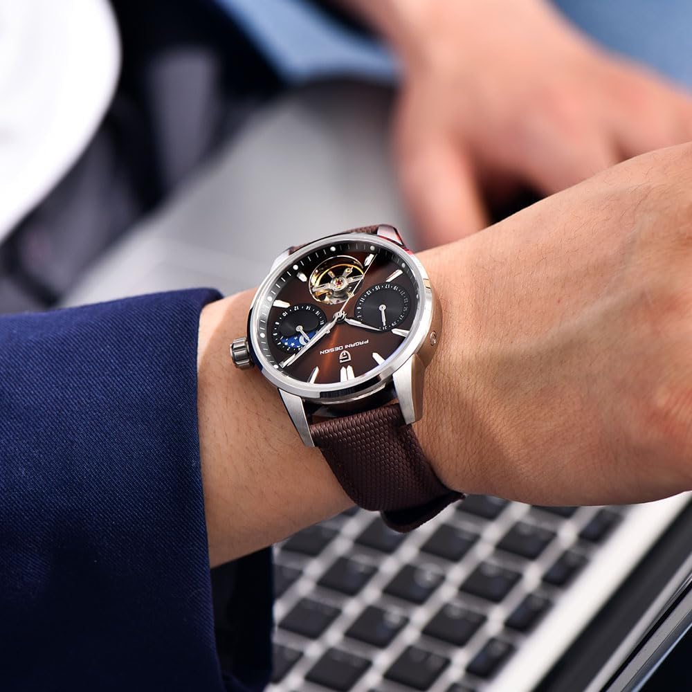 Pagani Design Luxury Men's Automatic Watch Skeleton Tourbillon Moon Phase Stainless Steel 100m Waterproof Leather Strap Men's Mechanical Watch