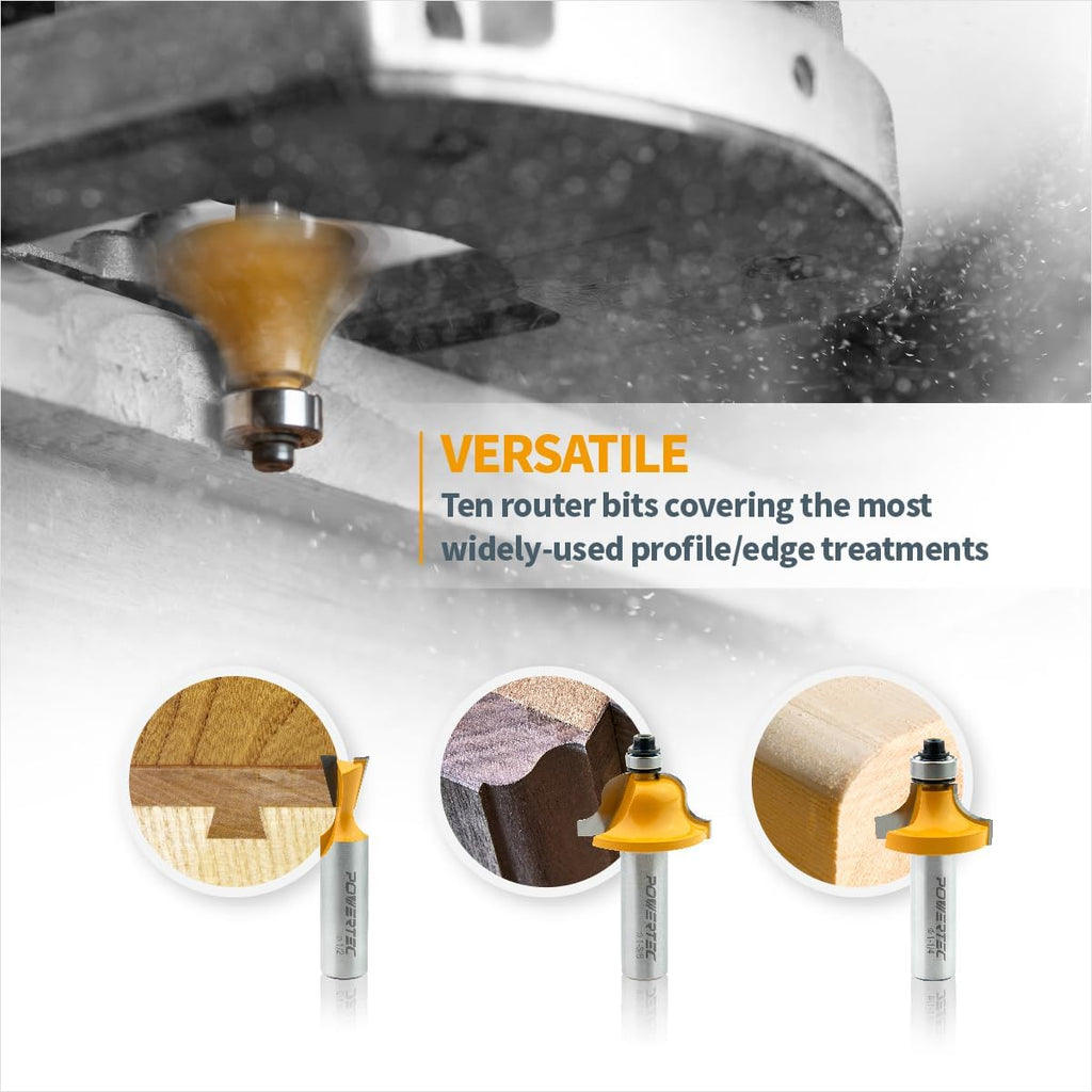 POWERTEC 10-Piece Carbide Tipped Router Bit Set, 1/2' and 1/4' Shank Router Bits for DIY and Various Woodworking Projects. Includes Flush Trim, Roundover, Dovetail, Core Box and More (73010)