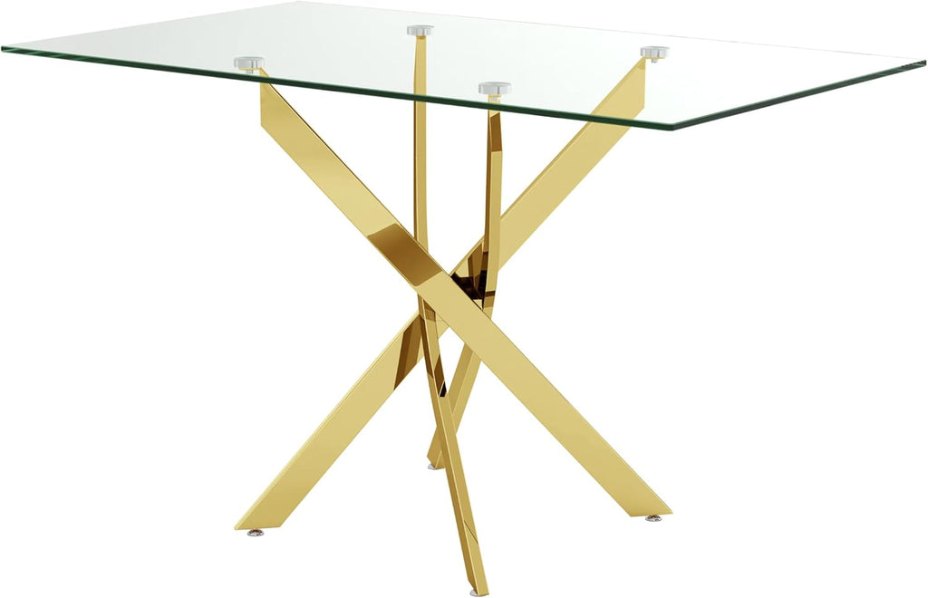 Tempered Glass Dining Table with Chromed Legs, 47' Modern Rectangular Kitchen Table for Dining Room Kitchen,Gold