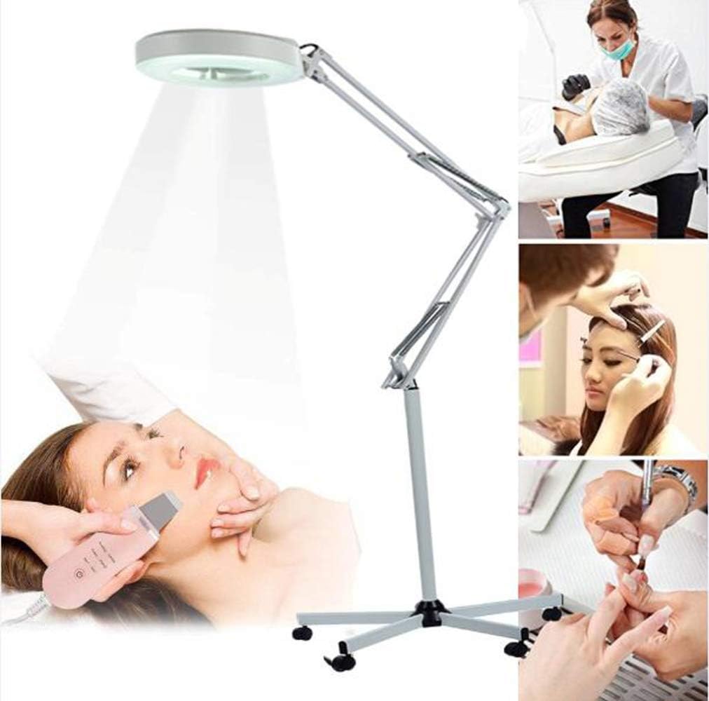 Magnifying Floor Lamp 8X LED Magnifier Floor Lamp - Salon 5 Wheel Rolling Base Adjustable Swivel Arm Reading Magnifier Lamp with Gooseneck