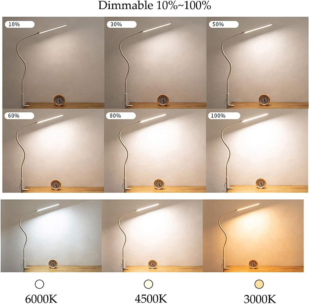 Desk Lamps 10W with Clamp, 64 LEDs Eye-Care Reading Light Dimmable, Flexible Swing Arm Architect Lamp for Reading, Working, Office, with Memory Function, with Switch, USB Cable, White