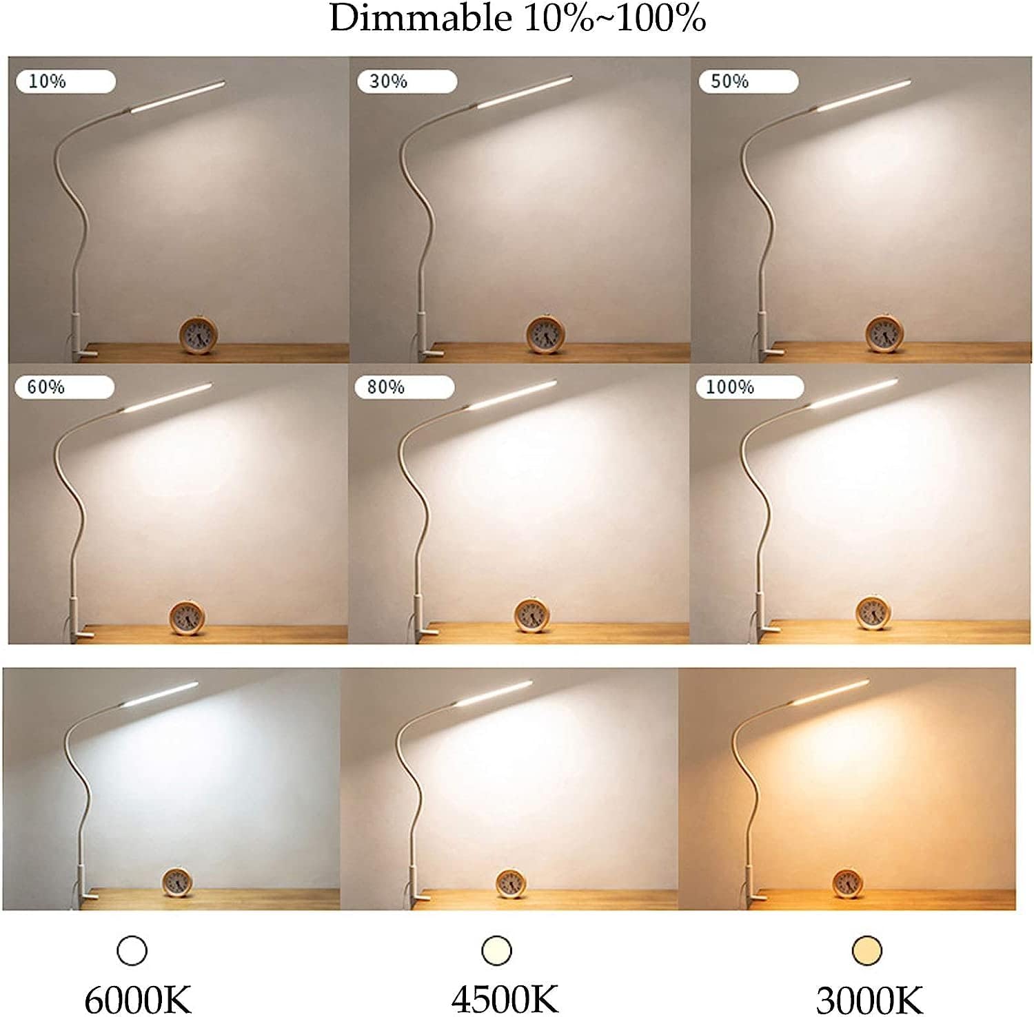 Desk Lamps 10W with Clamp, 64 LEDs Eye-Care Reading Light Dimmable, Flexible Swing Arm Architect Lamp for Reading, Working, Office, with Memory Function, with Switch, USB Cable, White
