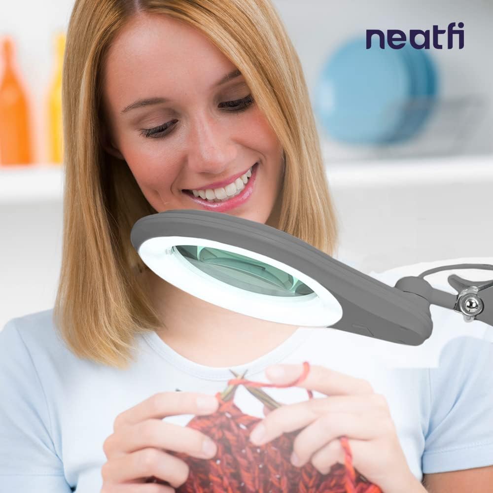Neatfi LED Bifocal Magnifying Lamp 1,200 Lumens – 5' Glass Lens, Dual Magnification 2.25X/6X, Dimmable | Adjustable Arm with Clamp | Crafting, Jewelry & Reading (5 Diopter + 20 Diopter, Silver)