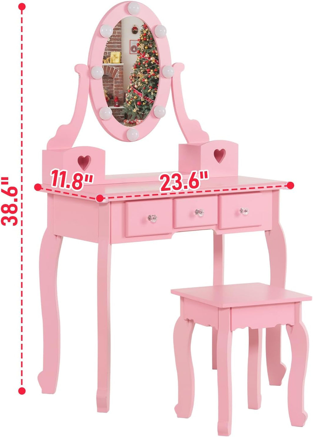 Karl home Kids Vanity Table and Chair Set, Princess MDF Dressing Table with 3-Color LED Lighted Mirror and 3 Drawers, Lovely Waved Design for Toddler's Bedroom and Playroom Decor, Macaroon Pink