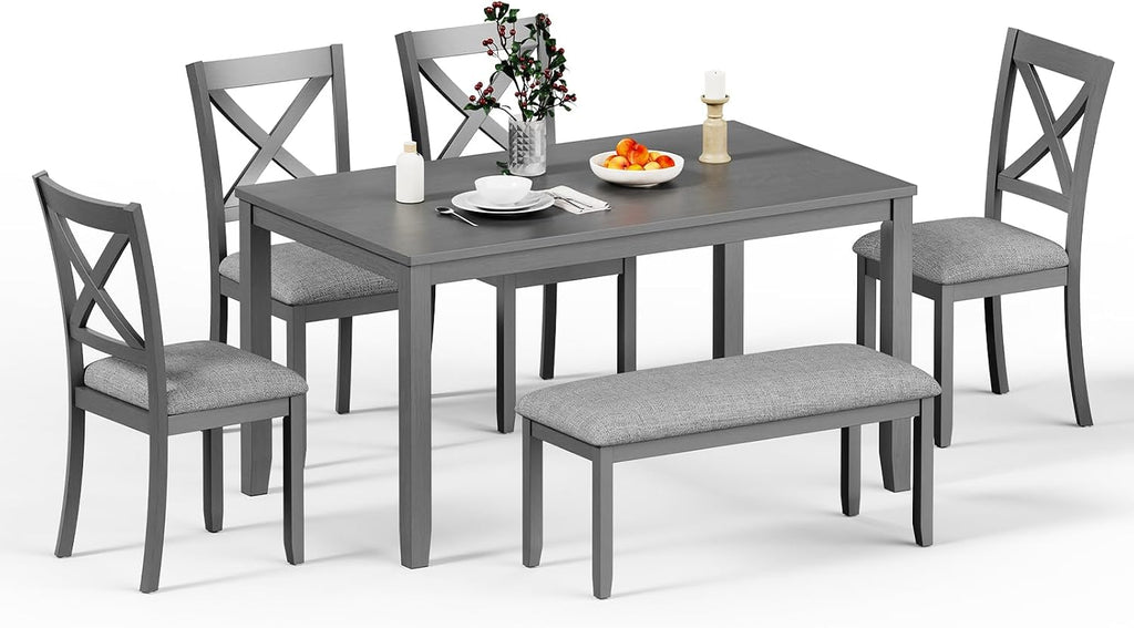 Zevemomo 6-Piece Wooden Dining Table Set, Dining Table Set for 6, Including 1 Dining Table, 4 Upholstered Chairs and 1 Bench, Wooden Legs Dining Table, Table Set for Dining Room, Grey