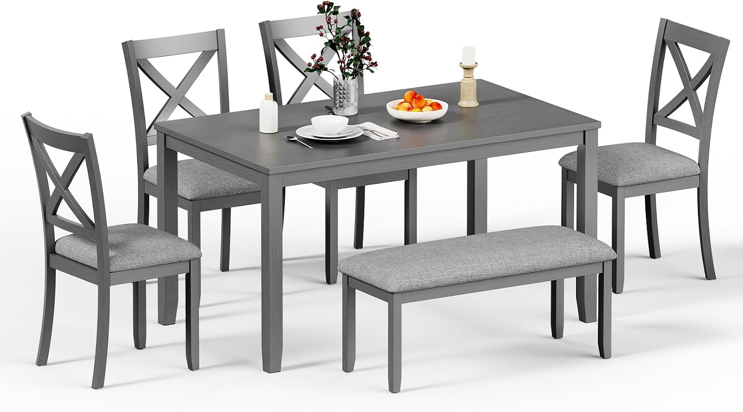 Zevemomo 6-Piece Wooden Dining Table Set, Dining Table Set for 6, Including 1 Dining Table, 4 Upholstered Chairs and 1 Bench, Wooden Legs Dining Table, Table Set for Dining Room, Grey