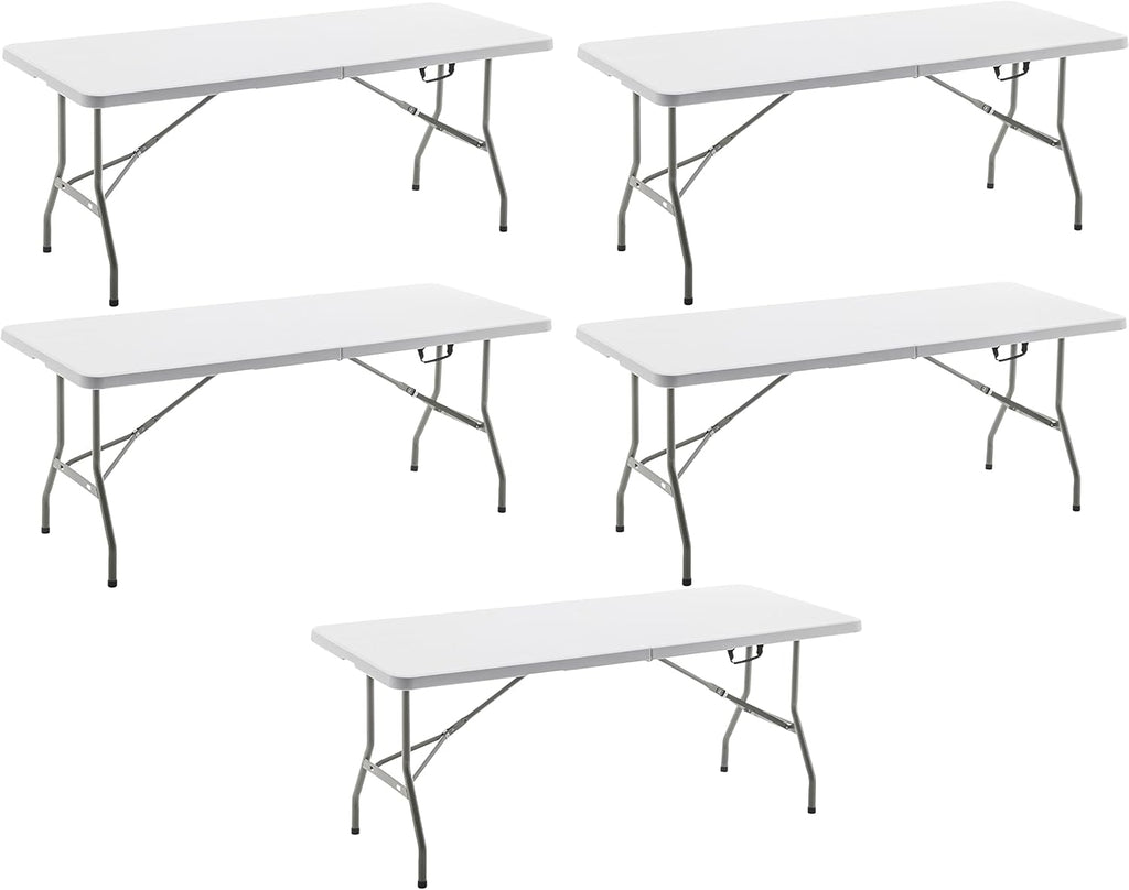 BTEXPERT Set of 5, Fold-in-Half Folding Table 6 Feet 72'x 29.5' Lightweight Portable Carrying Handle Indoor Outdoor Picnic Camping Office Home Party Wedding Event White