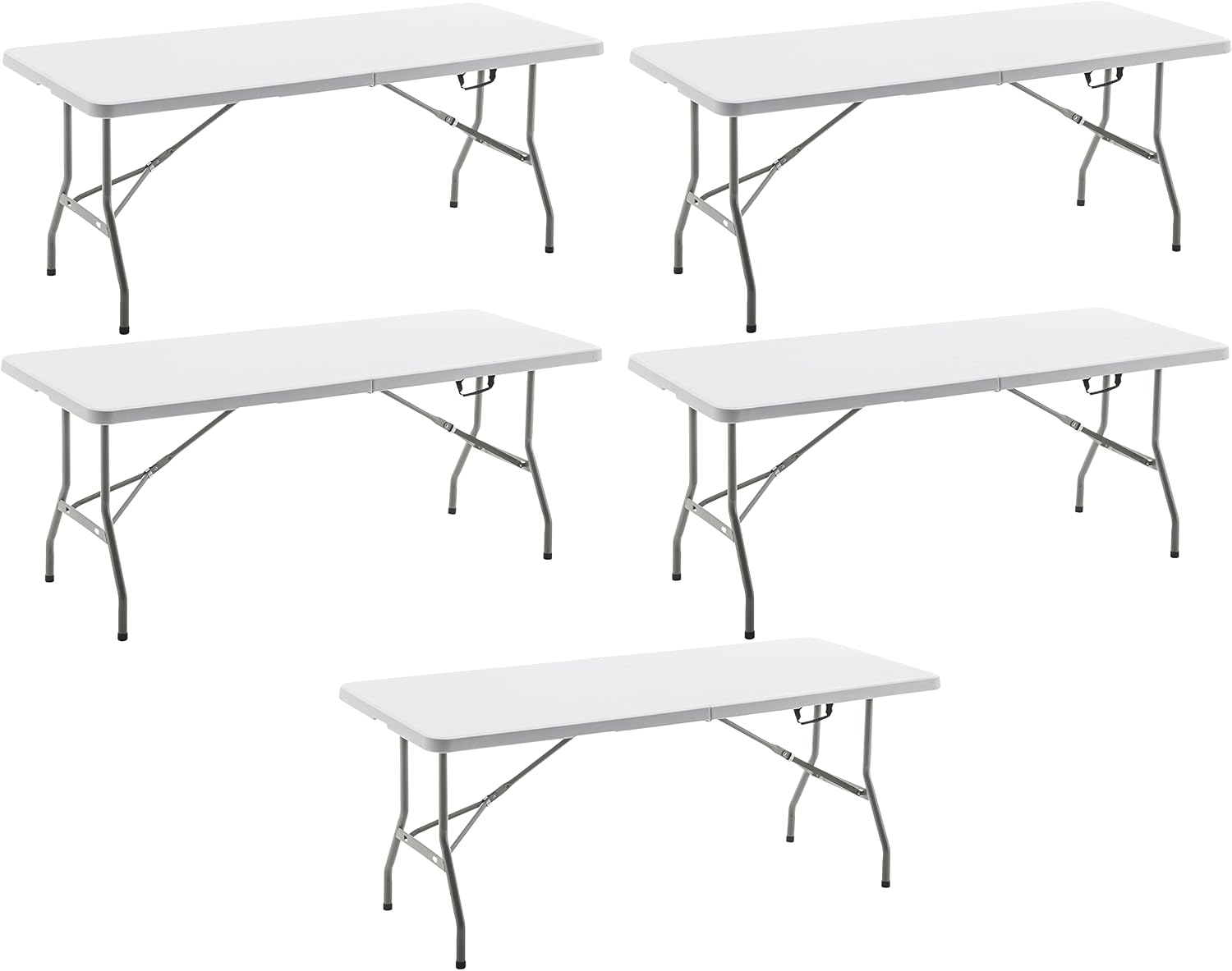 BTEXPERT Set of 5, Fold-in-Half Folding Table 6 Feet 72'x 29.5' Lightweight Portable Carrying Handle Indoor Outdoor Picnic Camping Office Home Party Wedding Event White