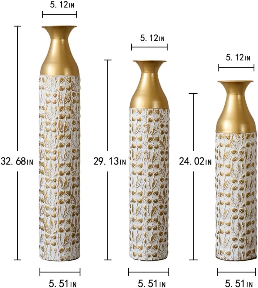Floor Metal Decorated Vases Set of 3 for Gorgeous Home Decoration Large Glazed Metal Vases (Matt White+Gold)