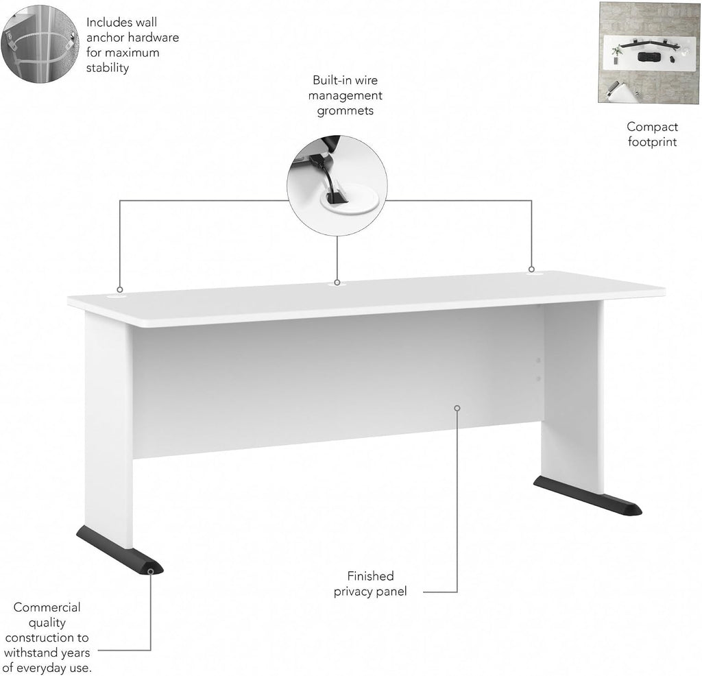 Bush Business Furniture Studio A 72W Computer Desk in White, 6 Foot Gaming and Work Table for Home or Professional Office