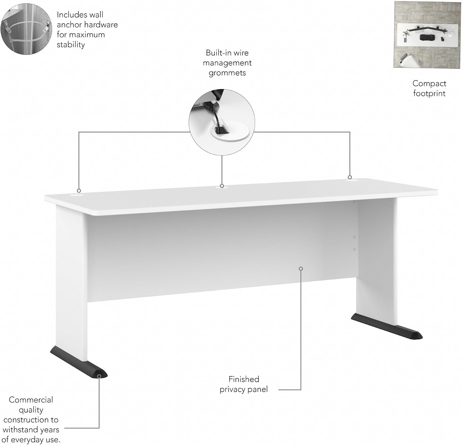 Bush Business Furniture Studio A 72W Computer Desk in White, 6 Foot Gaming and Work Table for Home or Professional Office