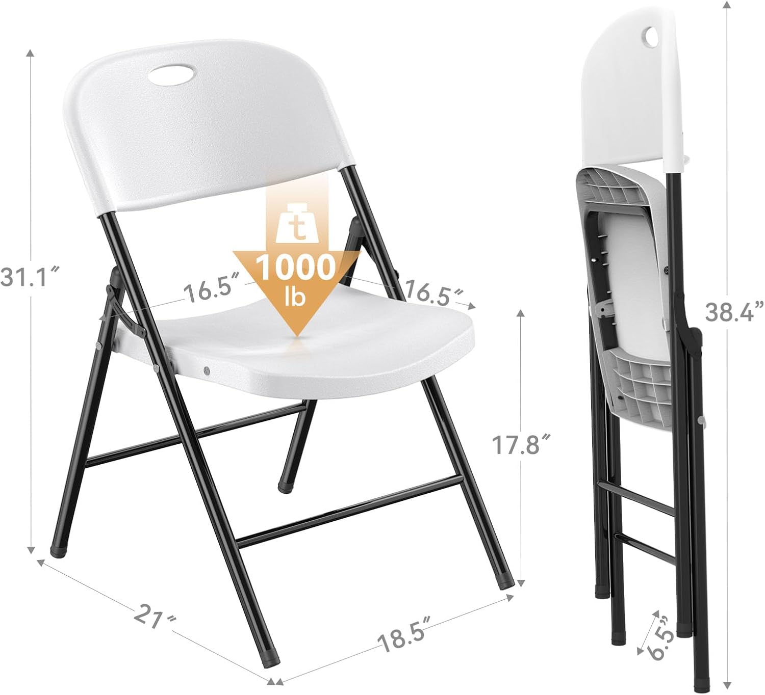 Nazhura 350 Weight Limit Heavy Duty Plastic Folding Chair with Reinfoced Steel Frame for Indoor and Outdoor, Wedding, Party, Restaurant, Meeting Room, Patio and Garden (6, White)