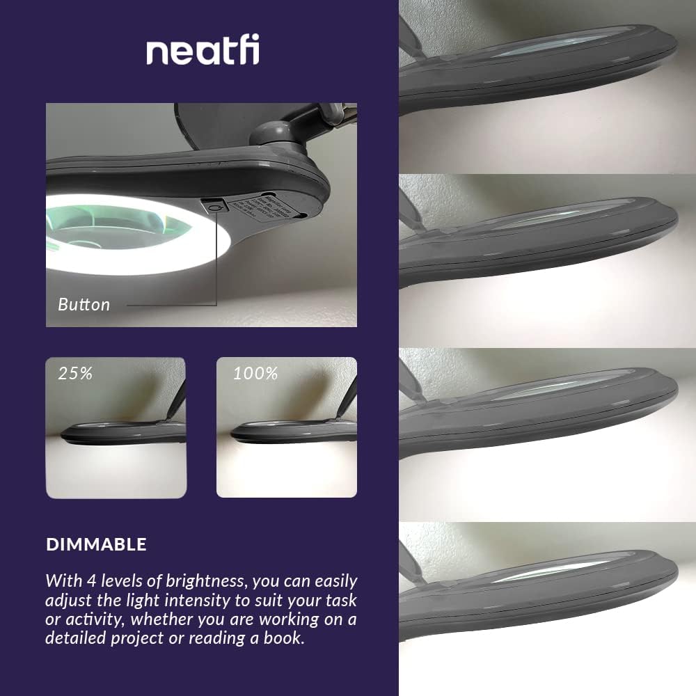 Neatfi LED Bifocal Magnifying Lamp 1,200 Lumens – 5' Glass Lens, Dual Magnification 2.25X/6X, Dimmable | Adjustable Arm with Clamp | Crafting, Jewelry & Reading (5 Diopter + 20 Diopter, Silver)