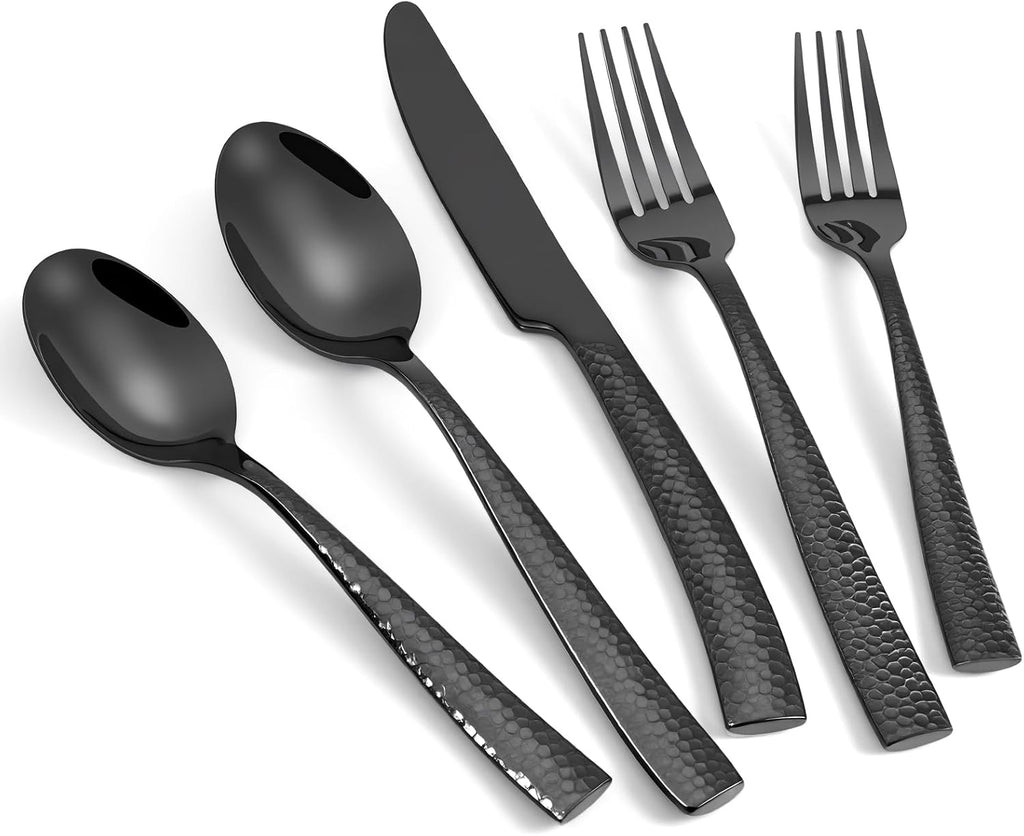 Silverware Set Black Flatware Set Hammered Stainless Steel Cutlery Set Mirror Finished 60 Pieces Home Faimily Use Service for 12