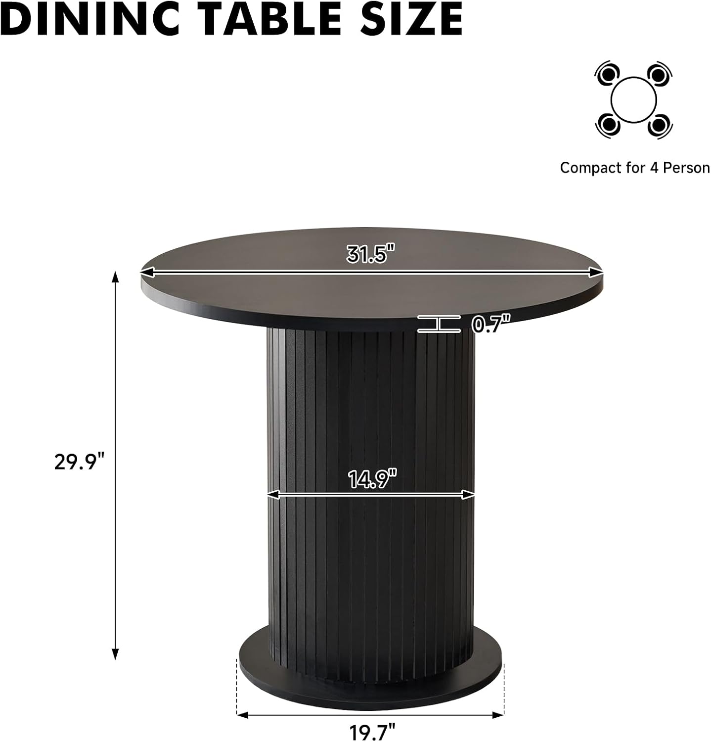 31.5' Round Dining Table for 2, Modern Small Pedestal Kitchen Table, Space Saving, for Apartment Dining Living Room,Black