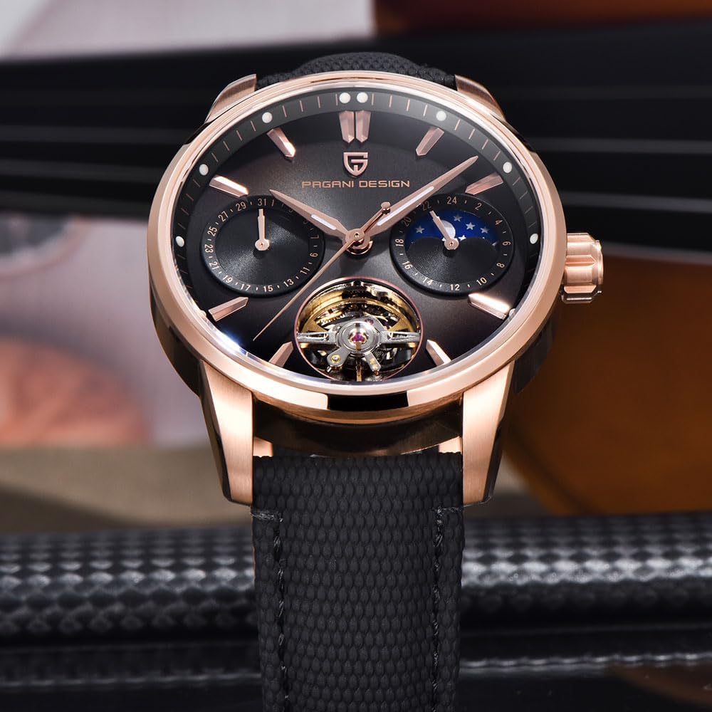 Pagani Design Luxury Men's Automatic Watch Skeleton Tourbillon Moon Phase Stainless Steel 100m Waterproof Leather Strap Men's Mechanical Watch