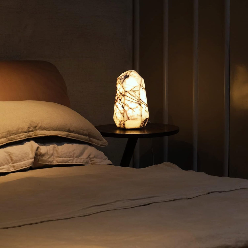 Handcrafted Real Marble Table Lamp, Stone Lamp with Tri-Color Dimmable LED, Bedside Lamp, Small Table Lamp for Home Decor, Accent Table Lamp for Bedroom Living Room, Multifacet