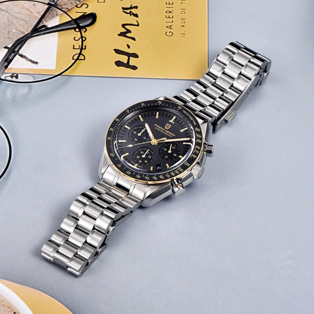 Pagani Design 1701 Men's Watch, Chronograph, VK63 Japanese Quartz Movement, Stainless Steel Bracelet, Water Resistant to 330 Feet (100 Meters), Sapphire Glass Wristwatch.