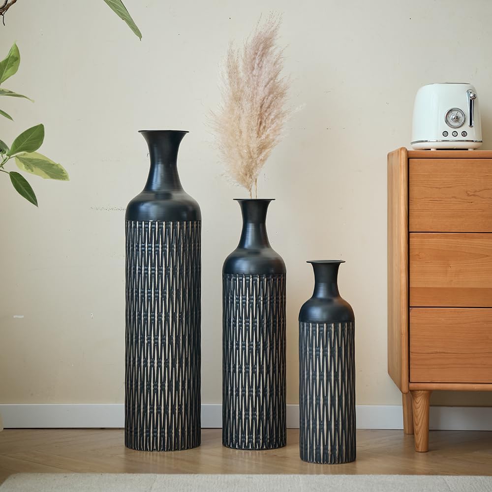 Floor Metal Decorated Vases Set of 3 for Gorgeous Home Decoration Large Glazed Metal Vases (Black+Metal)