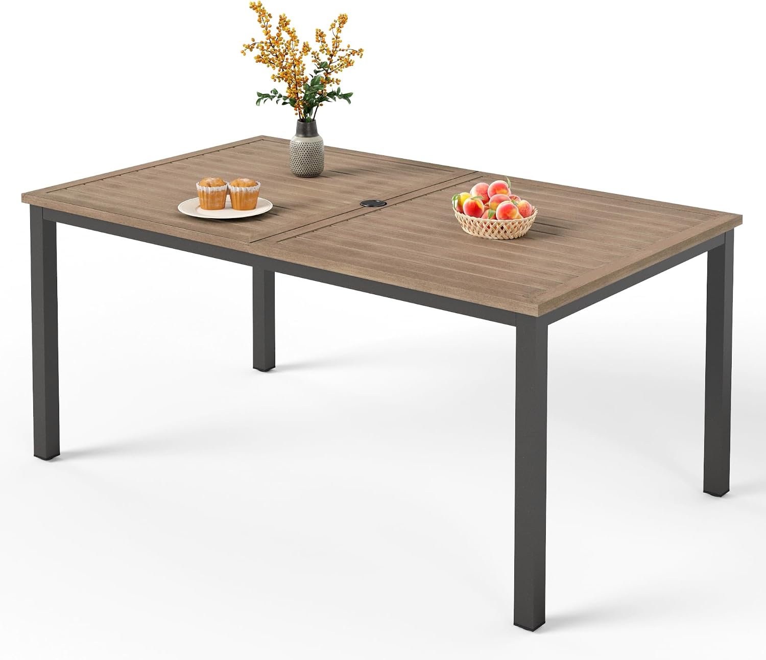 PHI VILLA 64' Rectangle Outdoor Dining Table, Patio Furniture Wood-Like Tabletop with Umbrella Hole for Patio Lawn Backyard Garden, Brown