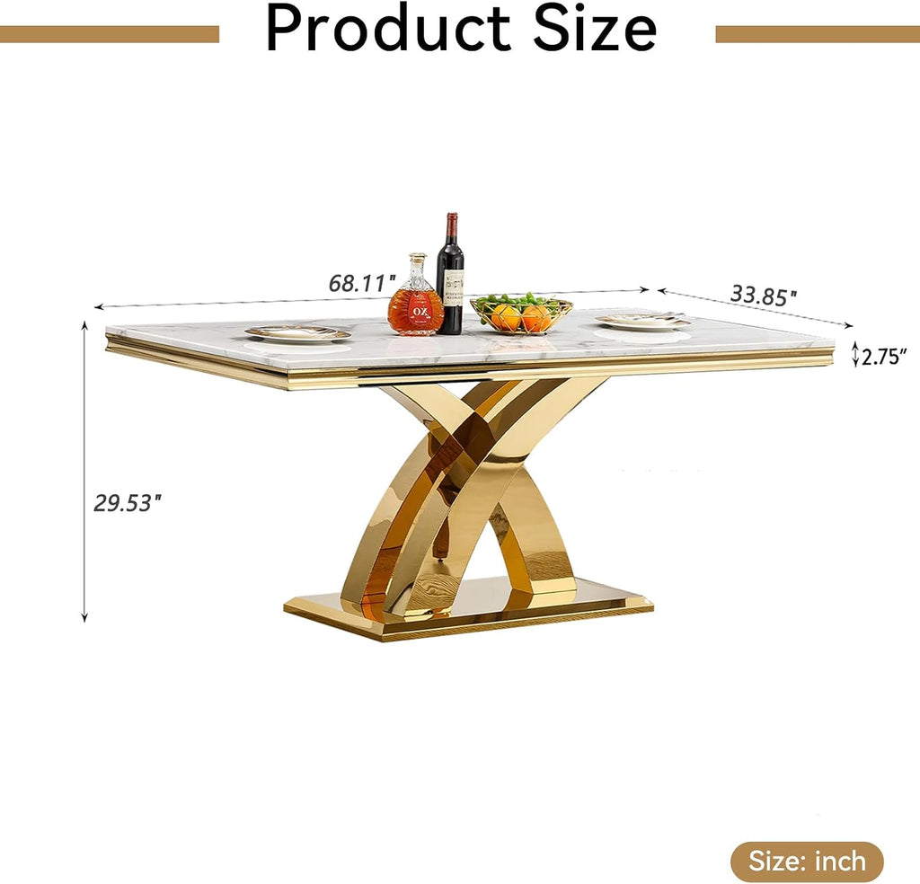 68' Luxury Rectangular Marble Dining Table for 4 to 6, White Faux Marble Kitchen Table with Gold X Shape Stainless Steel Pedestal, Modern Kitchen Dining Room Table for Breakfast Dinette Dinner Party
