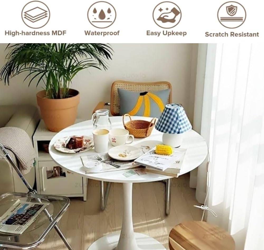 27.3' Tulip Dining Table, White, Perfect for 2-4 People, Mid-Century Modern Style, Round MDF Top with Sturdy Base for Dining Room, Living Room, Cafe