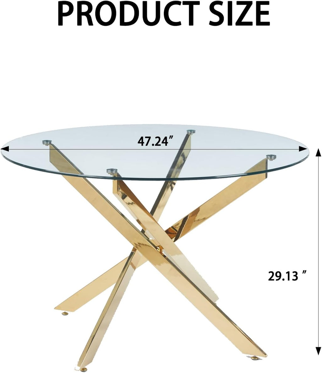 47.24' Round Dining Table for 6 8, Modern Clear Glass Kitchen Table for 6 with Gold X Metal Legs, Contemporary Circle Dining Room Leisure Tables for Kitchen Apartment