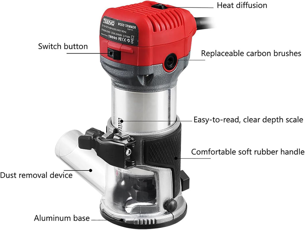 Brushless Router Trimmer, Electric Hand Palm Router, with 15Pcs Router Bits, Maximum Speed 13000-33000rpm, Fine Depth Adjustment, for Woodworking, Slotting