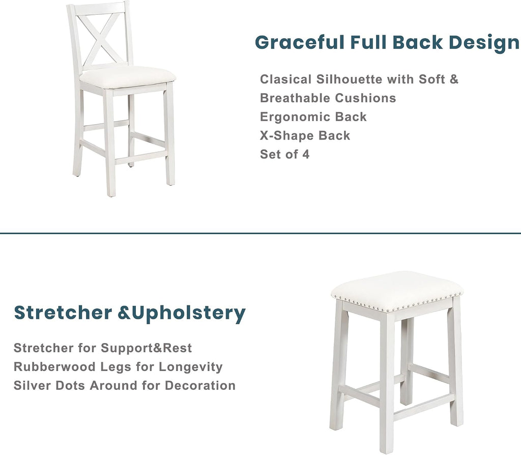 Harper & Bright Designs 5 Pieces Counter Height Wooden Bar Table Set with 3-Tier Shelf, 2 stools and 2 Chairs, Rustic Farmhouse Dining Table Set for 4, White