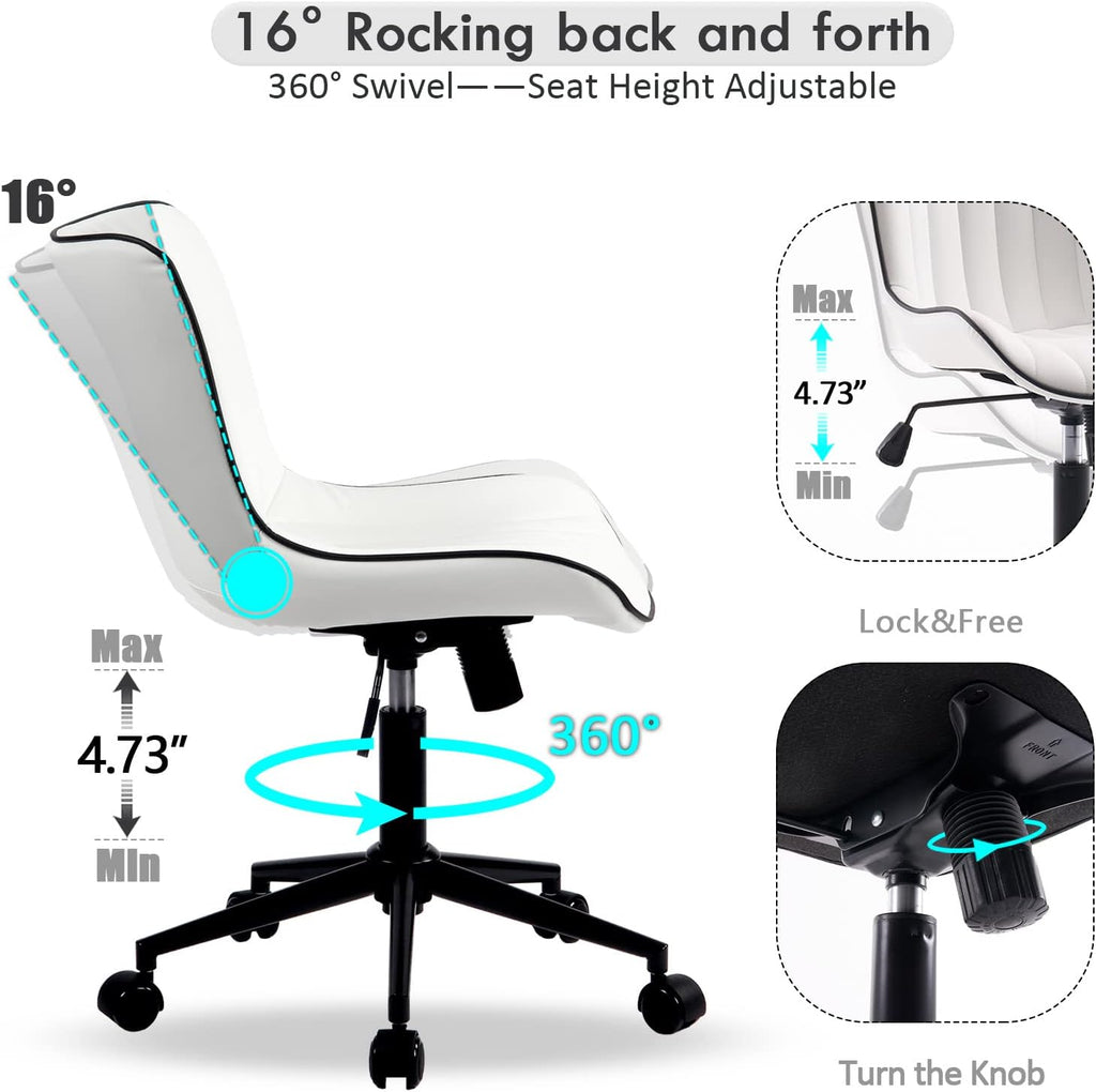 YOUNIKE White Armless Office Chair Faux Leather Small Cute Desk Chair with 12° Rocking Back Adjustable Height Swivel Vanity Chair Ergonomic Compact Home Computer Rolling Task Chair for Small Spaces