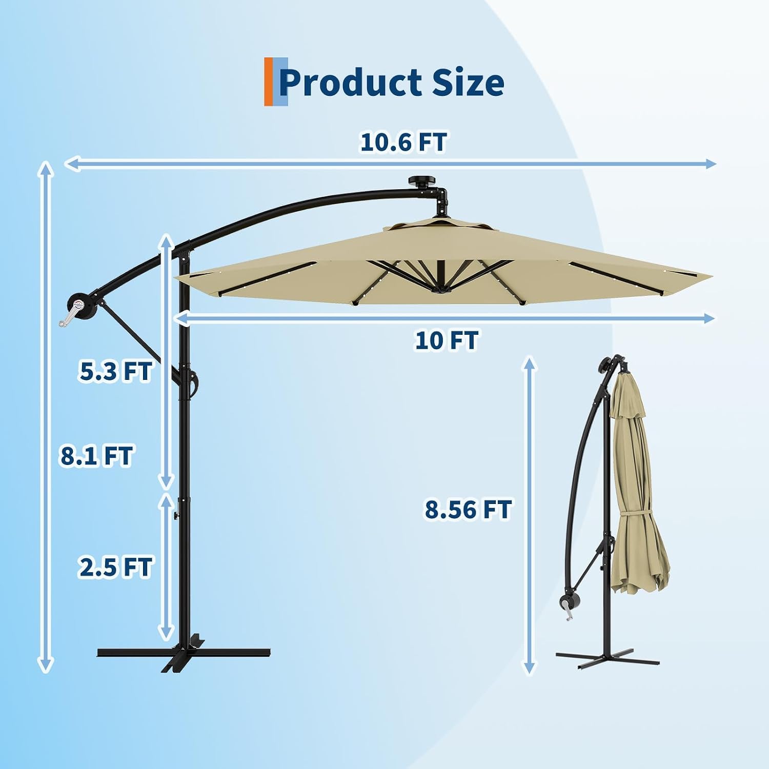 Garvee 10FT Solar Lights Cantilever Umbrella Outdoor Patio, Offset Patio Umbrella with Easy Lift & Tilt Adjustment, UV Protection Fade Resistant for Deck, Pool, Garden, Beige