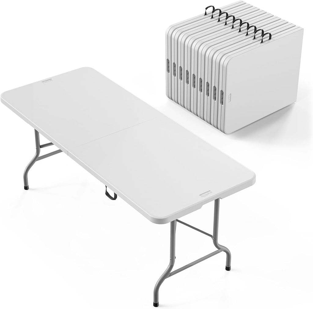 VINGLI 6-Foot Portable Plastic Folding Table,Rectangular HDPE Tabletop Foling Table for Indoor and Outdoor Use with Carrying Handle,White 10 Pack