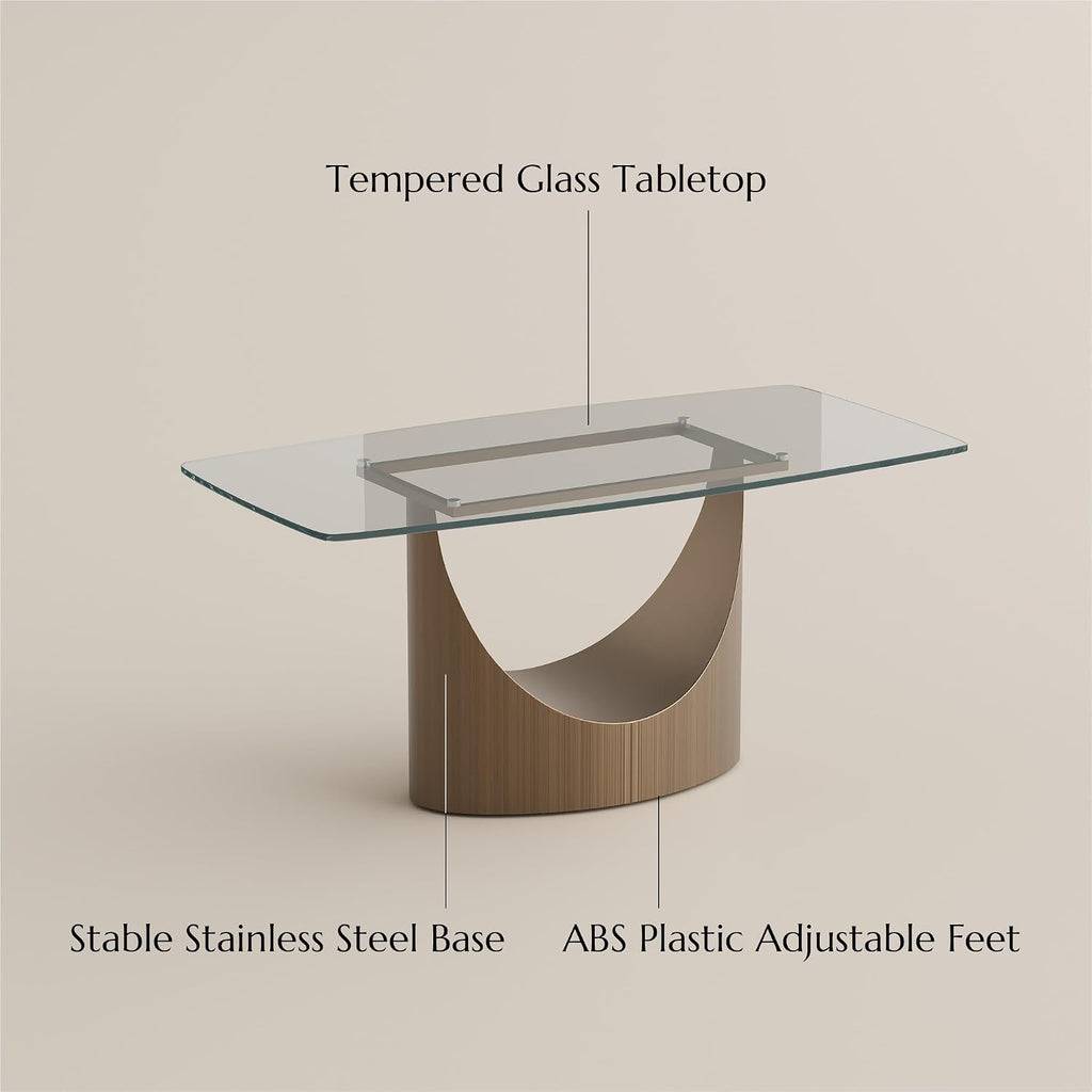 POVISON 71' Glass Dining Table for 6-8, Modern Rectangular Dining Table,Tempered Glass Table Top with U-Shaped Bronze Base,Ideal for Kitchens, Living Rooms(Table Only)