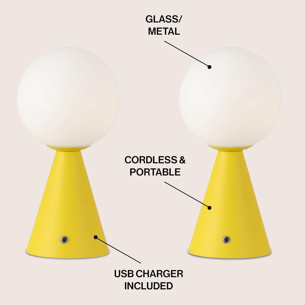 JONATHAN Y 11.75' Yellow Macie Modern Globe Cordless Table Lamp Set of 2, Rechargeable Dimmable Integrated LED Touch Sensor Bedside Lamp, White Frosted Glass Shade JYL7159A-SET2
