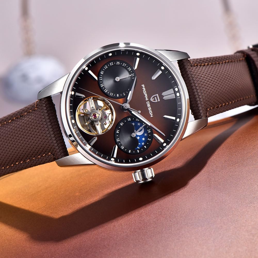Pagani Design Luxury Men's Automatic Watch Skeleton Tourbillon Moon Phase Stainless Steel 100m Waterproof Leather Strap Men's Mechanical Watch