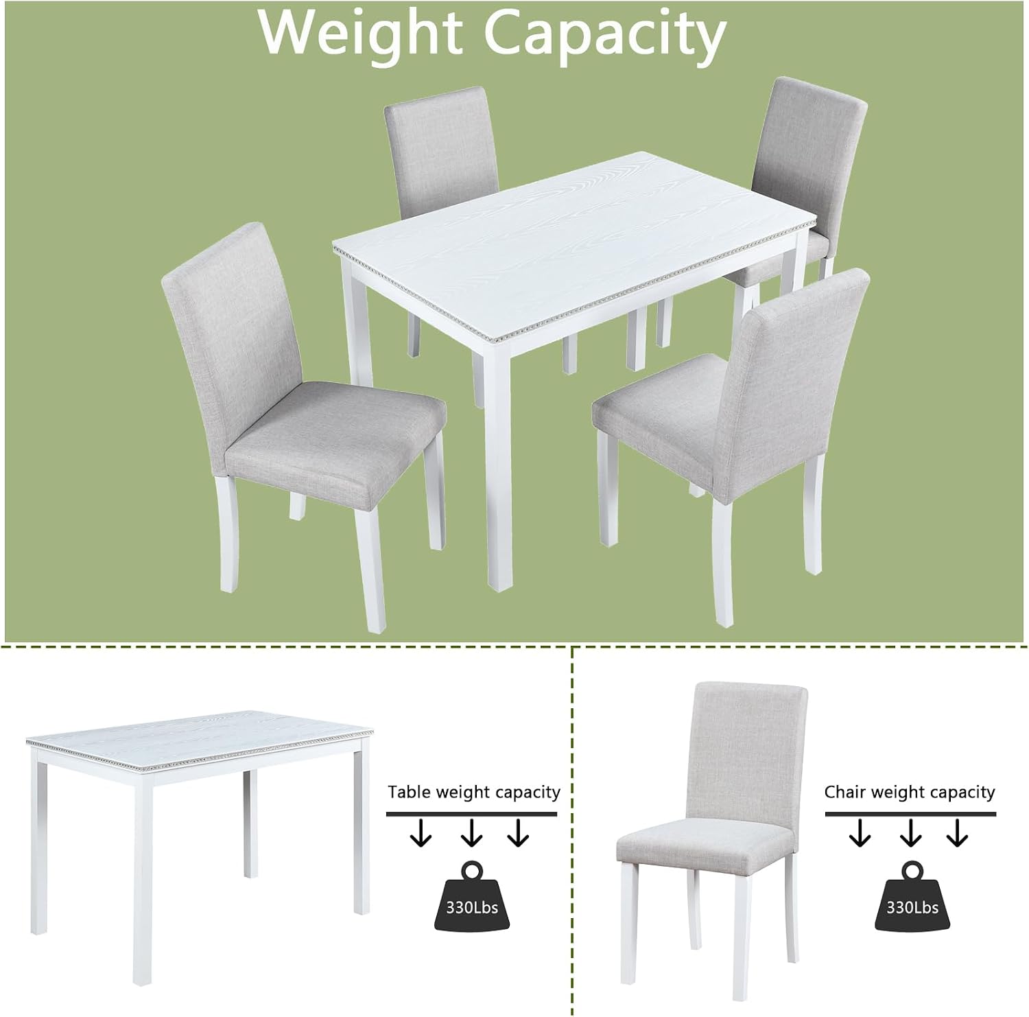 LUMISOL Dining Table Set for 4, 5-Piece Solid Wood Kitchen Table Set with 4 Upholstered Chairs for Kitchen, Dining Room, Home Bar, White