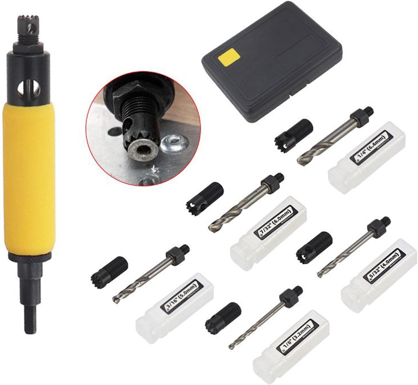 Rivet Removal Tool Electric Drill Blind Rivet Removal Kit 1/8 5/32 3/16 7/32 1/4 Inch Rivets Yellow