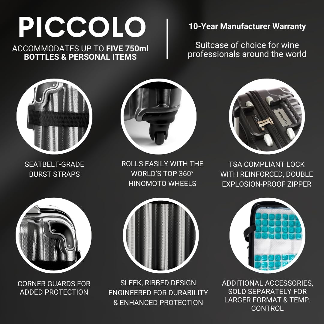 VinGardeValise® The Piccolo Wine Suitcase – 5-Bottle Travel Luggage, TSA-Approved, Durable Hard Shell, Shockproof Foam, Secure Bottle Protection for Enthusiasts & Collectors - Black