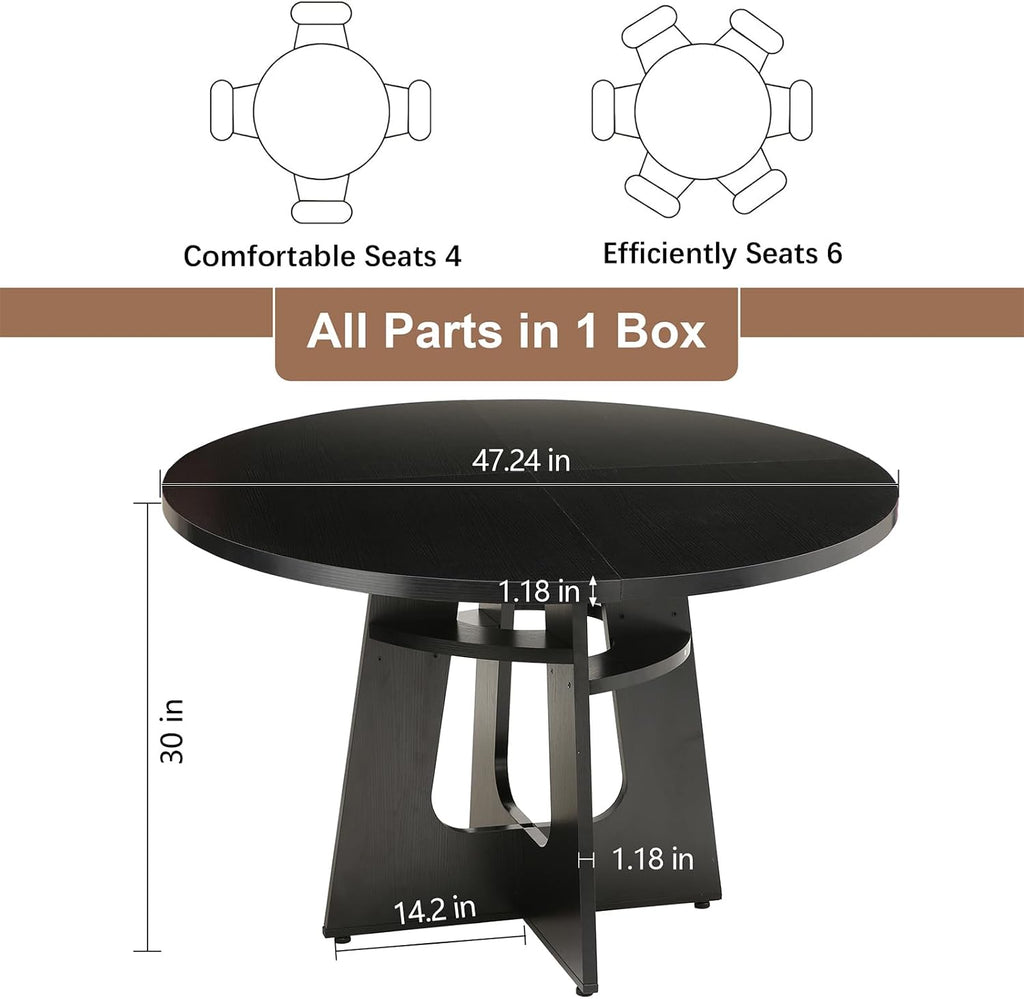 47' Round Dining Table for 4-6 Black, Farmhouse Wood Circle Dinner Table, Modern Wooden Circular Dinner Tables Easy Assembly for Dining Room/Kitchen/Living Room/Apartment (Table Only)