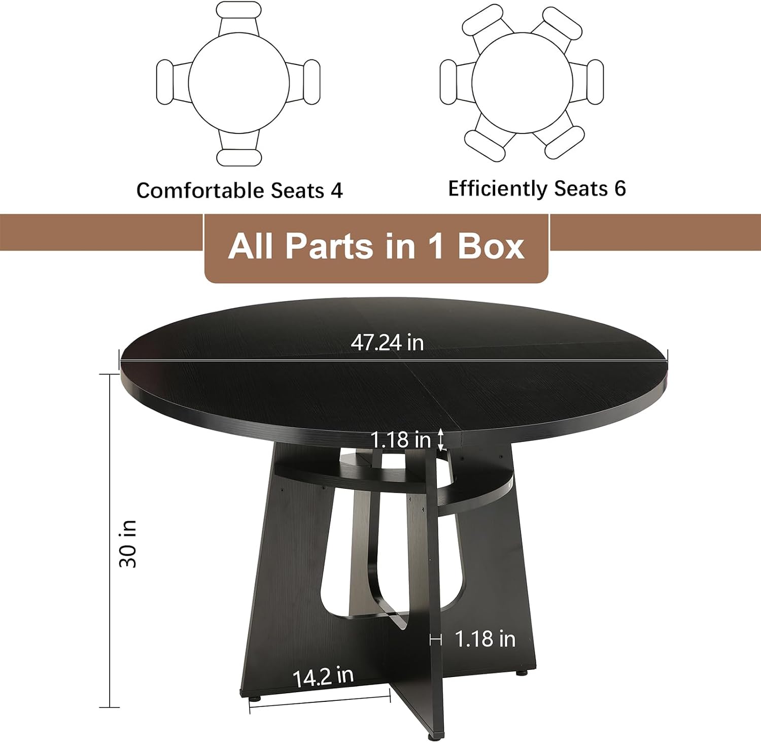 47' Round Dining Table for 4-6 Black, Farmhouse Wood Circle Dinner Table, Modern Wooden Circular Dinner Tables Easy Assembly for Dining Room/Kitchen/Living Room/Apartment (Table Only)
