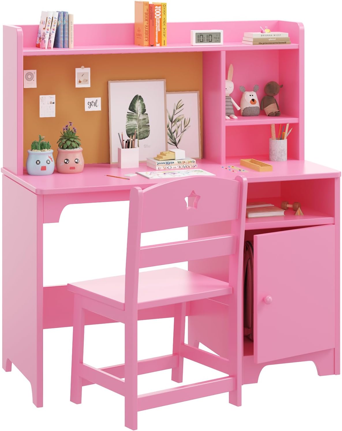 GarveeHome Kids Desk & Chair Set with Hutch, Storage Cabinet, Wooden Children Student Writing Table Computer Workstation for Kids Bedroom & Study Room