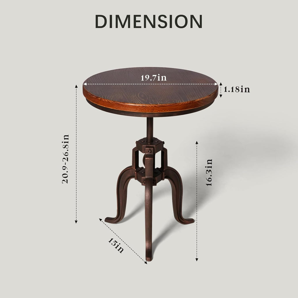 Industrial Iron Adjustable Crank Accent Table,Walnut Wood Top/Copper Home Decor Crank End Table