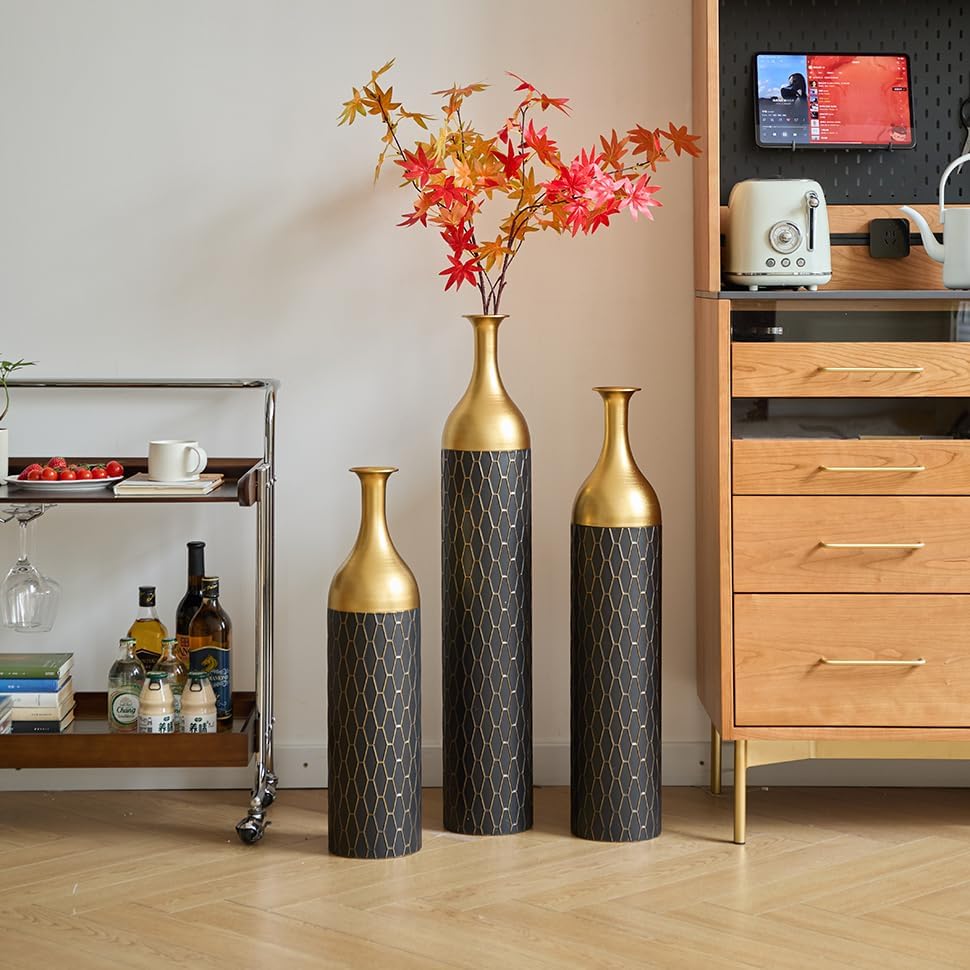 Floor Metal Decorated Vases Set of 3 for Gorgeous Home Decoration Large Glazed Metal Vases (Matte Black)