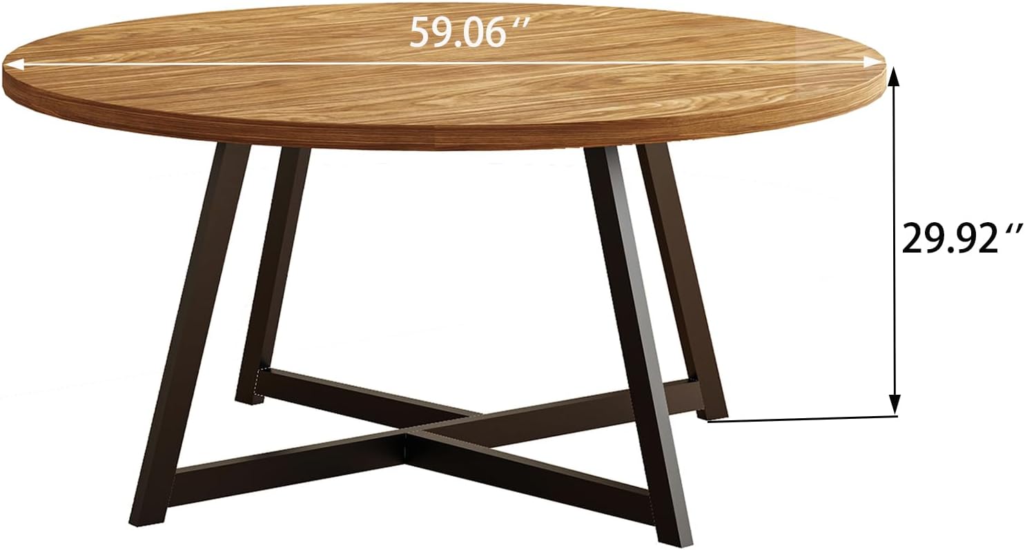 Large Round Dining Table for 6-8, Wooden Dinner Table with Heavy Duty Metal Pedestal Base, for Kitchen Living Room, Space Saving, 59 Inch, Brown