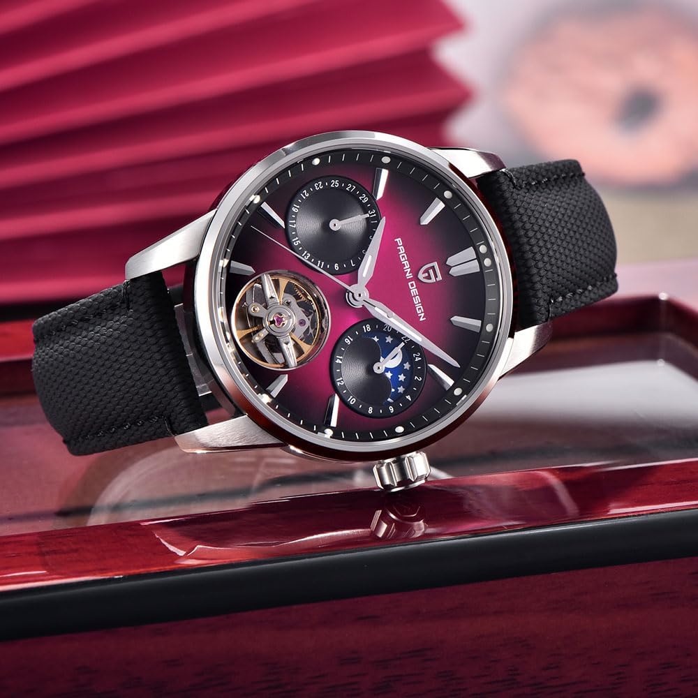 Pagani Design Luxury Men's Automatic Watch Skeleton Tourbillon Moon Phase Stainless Steel 100m Waterproof Leather Strap Men's Mechanical Watch