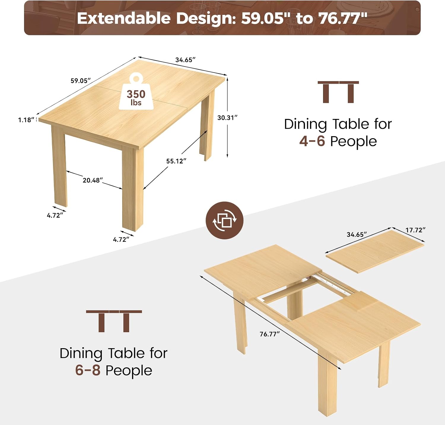 Miereirl 59'–77' Extendable Farmhouse Dining Table for 6–8, Space-Saving Rectangular Kitchen Table with Easy Pull-Out Extension for Family Meals, Work & Everyday Use (Natural)