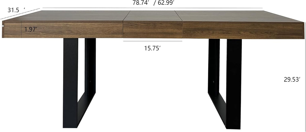 78.74'' Extendable Rectangular Dining Table for 4-8, Modern Mid-Century Farmhouse Wood Expandable Kitchen Dinner Conference Table for Living Room Office, Black & Brown