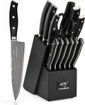 NANFANG BROTHERS Damascus Kitchen Knife Set 14 Pieces with Shears & Sharpener - VG10 Damascus Steel, ABS Ergonomic Handle, Wooden Block Storage Black