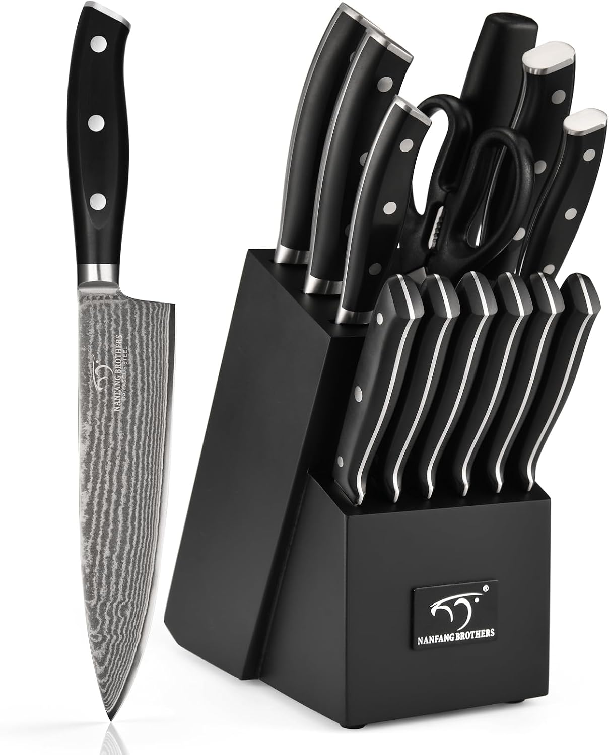 NANFANG BROTHERS Damascus Kitchen Knife Set 14 Pieces with Shears & Sharpener - VG10 Damascus Steel, ABS Ergonomic Handle, Wooden Block Storage Black