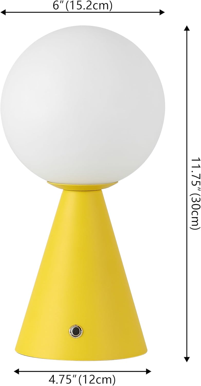 JONATHAN Y 11.75' Yellow Macie Modern Globe Cordless Table Lamp Set of 2, Rechargeable Dimmable Integrated LED Touch Sensor Bedside Lamp, White Frosted Glass Shade JYL7159A-SET2
